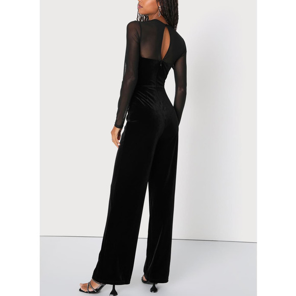 LULU'S XXS Black Edgy Charisma Cutout Long Sleeve Velvet Jumpsuit NEW 0B12 - Picture 2 of 11
